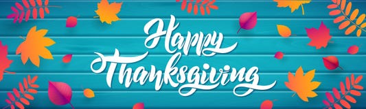 Vector Hand drawn Happy Thanksgiving typography poster with fallen leaves on wood turquoise background royalty free illustration Vector Hand drawn Happy Thanksgiving typography poster with fallen leaves on wood turquoise background royalty free illustration