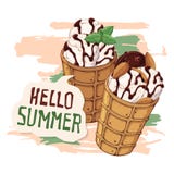 Vector Ice cream in waffle cones decorated with berries, chocolate or nuts royalty free illustration Vector Ice cream in waffle cones decorated with berries, chocolate or nuts royalty free illustration