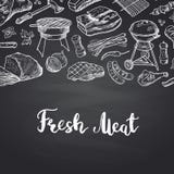 Vector hand drawn meat elements on black chalkboard illustration with lettering stock illustration Vector hand drawn meat elements on black chalkboard illustration with lettering stock illustration