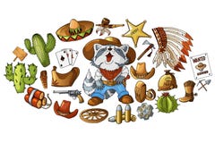 Vector hand drawn wild west cowboy elements stickers set illustration royalty free illustration Vector hand drawn wild west cowboy elements stickers set illustration royalty free illustration
