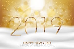 Vector Happy New Year 2019 - New Year Colorful Winter background with gold text. Greetings New Year banner with snow and royalty free illustration Vector Happy New Year 2019 - New Year Colorful Winter background with gold text. Greetings New Year banner with snow and royalty free illustration
