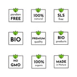 Vector icon set of labels. Organic cosmetics free sls, parabens, 100% natural and healthy. Only bio ingridients. royalty free illustration Vector icon set of labels. Organic cosmetics free sls, parabens, 100% natural and healthy. Only bio ingridients. royalty free illustration