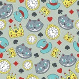 Vector il modello senza cuciture con del gatto del Cheshire nel paese delle meraviglie illustrazione di stock Vector il modello senza cuciture con del gatto del Cheshire nel paese delle meraviglie illustrazione di stock