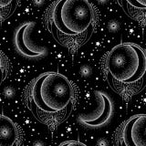 Vector il modello senza cuciture con la mezza luna punteggiata, la stella ed il pizzo bianco decorato sui precedenti neri Progett illustrazione vettoriale Vector il modello senza cuciture con la mezza luna punteggiata, la stella ed il pizzo bianco decorato sui precedenti neri Progett illustrazione vettoriale