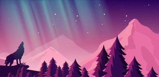 Vector illustration of beautiful northern lights in night sky over the mountains. View of the forest, wolf in the royalty free illustration Vector illustration of beautiful northern lights in night sky over the mountains. View of the forest, wolf in the royalty free illustration