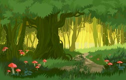 Vector illustration bright green summer magical forest vector background mushrooms