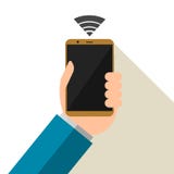 Vector illustration of Businessman holding up smartphone with white background.Black screen.Networks. stock illustration Vector illustration of Businessman holding up smartphone with white background.Black screen.Networks. stock illustration