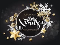 Vector illustration of christmas greeting card with hand lettering label - merry xmas - with stars, sparkles, snowflakes vector illustration Vector illustration of christmas greeting card with hand lettering label - merry xmas - with stars, sparkles, snowflakes vector illustration