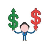 Vector illustration of businessman character holding dollar symbols with arrow moving up and down. Color and black outlines. royalty free illustration Vector illustration of businessman character holding dollar symbols with arrow moving up and down. Color and black outlines. royalty free illustration