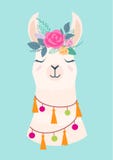 Vector illustration of cute cartoon llama with flowers. Stylish drawing for birthday cards, party invitations, poster and postcard
