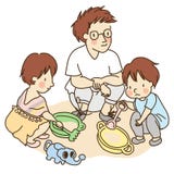 Vector illustration of dad and little kids playing with sand stock illustration Vector illustration of dad and little kids playing with sand stock illustration