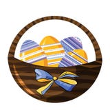 Decorative wicker basket with motley eggs and beautiful bow isolated on white vector illustration Decorative wicker basket with motley eggs and beautiful bow isolated on white vector illustration
