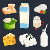Vector illustration of different milk products. Cartoon style pictures isolate on white stock illustration Vector illustration of different milk products. Cartoon style pictures isolate on white stock illustration