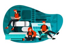 Vector illustration of education 4.0, learning industry revolution, study at internet. group of people studying using laptop, late stock illustration Vector illustration of education 4.0, learning industry revolution, study at internet. group of people studying using laptop, late stock illustration