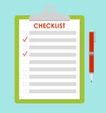 Vector illustration of green clipboard with red check marks and pen. To-do list, survey, exam concept, checklist in flat vector illustration Vector illustration of green clipboard with red check marks and pen. To-do list, survey, exam concept, checklist in flat vector illustration