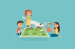 Vector Illustration. Group of Children Playing with 3D Map. stock illustration Vector Illustration. Group of Children Playing with 3D Map. stock illustration