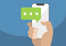 Vector illustration of hand holding bezel-free / frameless modern smartphone with chat icon to symbolize mobile chatting and conve stock illustration Vector illustration of hand holding bezel-free / frameless modern smartphone with chat icon to symbolize mobile chatting and conve stock illustration