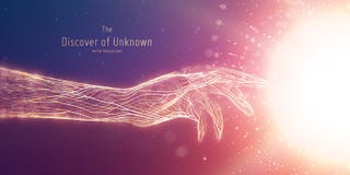 Vector illustration of hand touch glowing sphere. Concept of discovery of unknown, shining knowledge. Digital cyber royalty free illustration Vector illustration of hand touch glowing sphere. Concept of discovery of unknown, shining knowledge. Digital cyber royalty free illustration