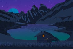 Vector illustration of a house on the lake among the mountains at night. stock illustration Vector illustration of a house on the lake among the mountains at night. stock illustration