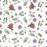 Vector illustration of pattern with flowers, leaves, owls. stock illustration Vector illustration of pattern with flowers, leaves, owls. stock illustration