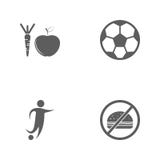 Vector illustration set sport icons. Elements prohibition of fast food, football player, soccer ball and healthy fruits icon Royalty Free Stock Photos Vector illustration set sport icons. Elements prohibition of fast food, football player, soccer ball and healthy fruits icon Royalty Free Stock Photos