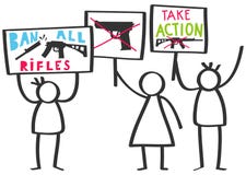 Vector illustration of stick figures protesting gun violence holding up signs, ban all rifles vector illustration Vector illustration of stick figures protesting gun violence holding up signs, ban all rifles vector illustration