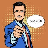 Vector illustration of successful businessman pointing finger in vintage pop art comics retro style. Likes and positive royalty free illustration Vector illustration of successful businessman pointing finger in vintage pop art comics retro style. Likes and positive royalty free illustration