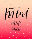 Vector illustration of words mini midi maxi for clothes line girl shop skirt dress royalty free illustration Vector illustration of words mini midi maxi for clothes line girl shop skirt dress royalty free illustration