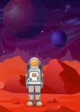Vector illustrations of astronaut on Mars. red mountains landscape on dark space with planets background. astronomy royalty free illustration Vector illustrations of astronaut on Mars. red mountains landscape on dark space with planets background. astronomy royalty free illustration