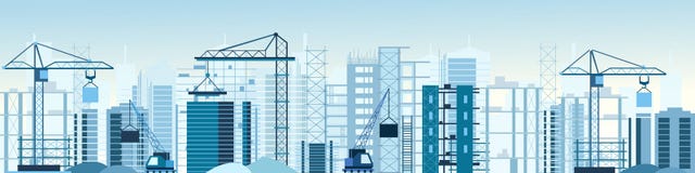 Vector a ilustração do canteiro de obras das construções e cranes a bandeira Arranha-céus sob a construção máquina escavadora, ca ilustração stock Vector a ilustração do canteiro de obras das construções e cranes a bandeira Arranha-céus sob a construção máquina escavadora, ca ilustração stock