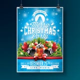 Vector a ilustração do inseto do partido do Feliz Natal com elementos da tipografia e do feriado no fundo azul invitation Imagem de Stock Royalty Free Vector a ilustração do inseto do partido do Feliz Natal com elementos da tipografia e do feriado no fundo azul invitation Imagem de Stock Royalty Free