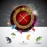 Vector a ilustração em um tema do casino com a cor que joga microplaquetas e roda de roleta no fundo preto Elementos de jogo do p Fotografia de Stock Vector a ilustração em um tema do casino com a cor que joga microplaquetas e roda de roleta no fundo preto Elementos de jogo do p Fotografia de Stock