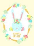 Vector image of a funny rabbit with bouquet and eggs in the flowers and carrots wreath. Hand-drawn Easter illustration of a bunny royalty free illustration Vector image of a funny rabbit with bouquet and eggs in the flowers and carrots wreath. Hand-drawn Easter illustration of a bunny royalty free illustration