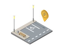 Vector Isometric Car Parking Place With Bench, Parking Pin Geotag Stock Images Vector Isometric Car Parking Place With Bench, Parking Pin Geotag Stock Images
