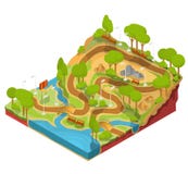 Vector isometrische Illustration 3D des Querschnitts eines Landschaftsparks mit einem Fluss, Brücken, Bänke und Laternen vektor abbildung Vector isometrische Illustration 3D des Querschnitts eines Landschaftsparks mit einem Fluss, Brücken, Bänke und Laternen vektor abbildung