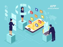 Vector isométrico de los hombres de negocios de las Software Engineers que desarrollan los nuevos apps móviles stock de ilustración Vector isométrico de los hombres de negocios de las Software Engineers que desarrollan los nuevos apps móviles stock de ilustración