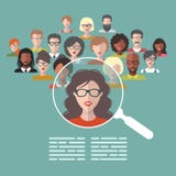 Vector Konzept des Personalwesenmanagements, Berufspersonalforschung, Hauptjägerjob mit Lupe stock abbildung Vector Konzept des Personalwesenmanagements, Berufspersonalforschung, Hauptjägerjob mit Lupe stock abbildung