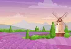 Vector l'illustrazione di bello paesaggio variopinto con il mulino a vento sui giacimenti della lavanda Paesaggio della lavanda c illustrazione vettoriale Vector l'illustrazione di bello paesaggio variopinto con il mulino a vento sui giacimenti della lavanda Paesaggio della lavanda c illustrazione vettoriale