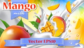 Vector l'insegna di promozione degli annunci 3d, spruzzatura realistica della frutta del mango illustrazione vettoriale Vector l'insegna di promozione degli annunci 3d, spruzzatura realistica della frutta del mango illustrazione vettoriale