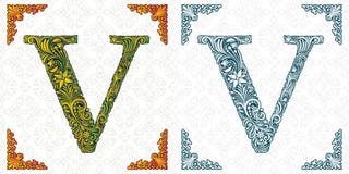 Vector letter V. Patterned font. Monogram. Unique ornamental alphabet. Spring leaf pattern. Handmade. stock illustration Vector letter V. Patterned font. Monogram. Unique ornamental alphabet. Spring leaf pattern. Handmade. stock illustration