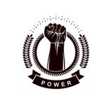 Vector logo composed using strong muscular raised arm surrounded stock illustration Vector logo composed using strong muscular raised arm surrounded stock illustration