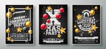 Vector Merry Christmas Party Flyer Illustration With Gold Cutout Paper Star, Glass Ball And Typography Element On Black Stock Photography
