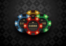 Vector a microplaqueta de pôquer amarela azul verde vermelha do casino com elementos claros luminosos O cartão de seda preto sere ilustração royalty free Vector a microplaqueta de pôquer amarela azul verde vermelha do casino com elementos claros luminosos O cartão de seda preto sere ilustração royalty free