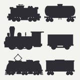 Vector Modern And Vintage Trains Silhouettes Set With Cargo Wagons And Tank. Steam, Diesel And Electric Locomotives Royalty Free Stock Image Vector Modern And Vintage Trains Silhouettes Set With Cargo Wagons And Tank. Steam, Diesel And Electric Locomotives Royalty Free Stock Image