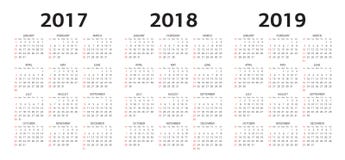 Vector moldes do calendário 2017, 2018, 2019 ilustração royalty free Vector moldes do calendário 2017, 2018, 2019 ilustração royalty free