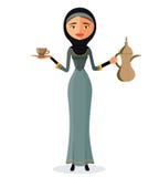 Vector - mujer árabe hermosa que sostiene un pote árabe del café y con un aislante de la taza en el fondo blanco stock de ilustración Vector - mujer árabe hermosa que sostiene un pote árabe del café y con un aislante de la taza en el fondo blanco stock de ilustración
