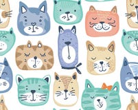 Vector naadloos patroon met hand getrokken kleurrijke kattengezichten stock illustratie Vector naadloos patroon met hand getrokken kleurrijke kattengezichten stock illustratie