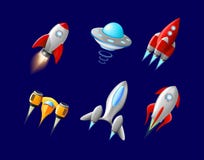 Vector a nave espacial e o vetor do UFO ajustados no estilo dos desenhos animados Rocket e nave espacial, transporte futurista, n Imagem de Stock Vector a nave espacial e o vetor do UFO ajustados no estilo dos desenhos animados Rocket e nave espacial, transporte futurista, n Imagem de Stock