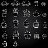 Vector o alimento e a refeição tirados mão no fundo preto Imagem de Stock Vector o alimento e a refeição tirados mão no fundo preto Imagem de Stock