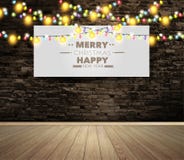 Vector o quadro de avisos ou o cartaz vazio na sala da parede com luzes de Natal ilustração do vetor Vector o quadro de avisos ou o cartaz vazio na sala da parede com luzes de Natal ilustração do vetor